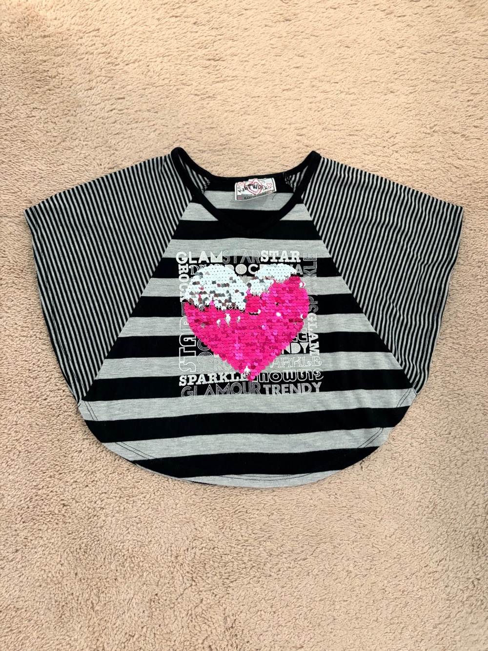 Knitworks Black & Gray Striped Tee with Pink Sequin Heart #100